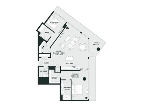 Floor plan for 2 beds, 2 baths, 1254 sqft